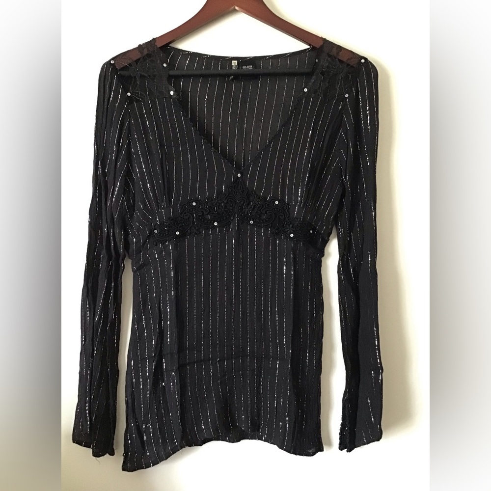 Passport Glittery, Black, Semi-Sheer, Long Sleeve Blouse